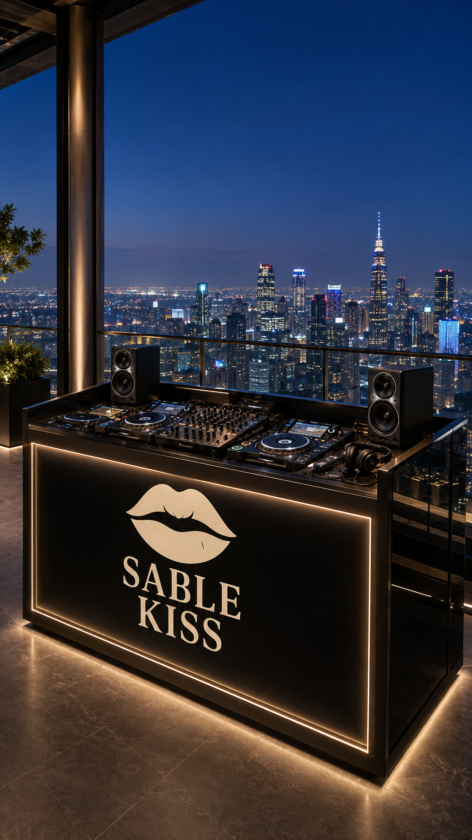 Sable Kiss behind a DJ booth above the city