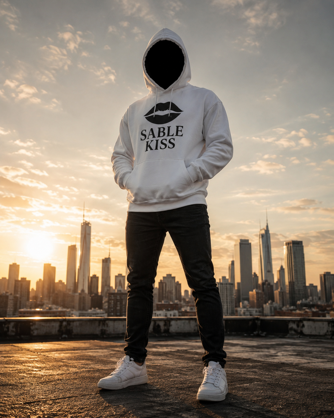 The faceless Sable Kiss avatar standing on a rooftop at sunset